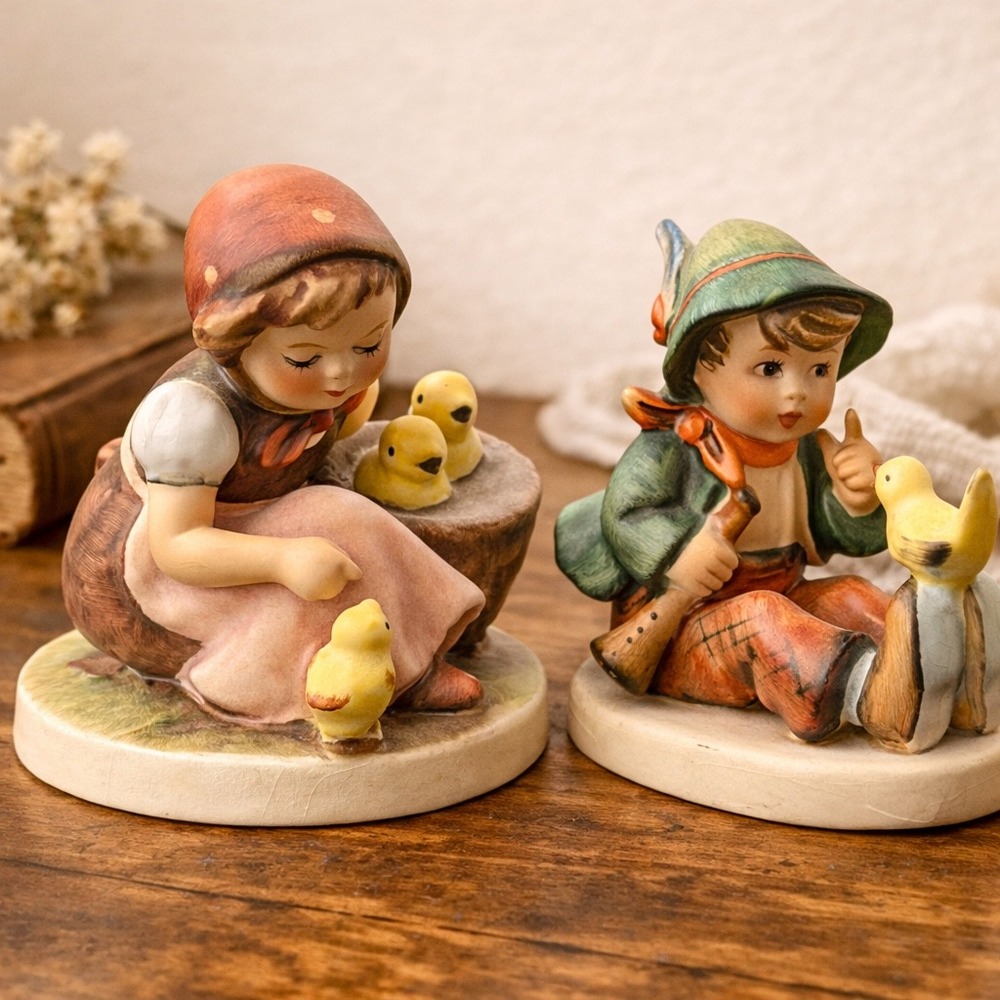 Vintage Goebel Hummel Style Figurines Set Girl with Chicks 57/0 Boy with Bird 63